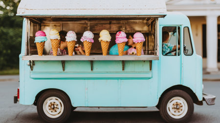 Colorful Ice Cream Cones Displayed on a Vintage Food Truck in a Charming Summer Setting Capturing Joy and Nostalgia for Cold Treatsの素材