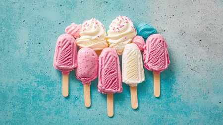 Colorful Assortment of Ice Cream Popsicles and Soft Serve on a Bright Blue Background Perfect for Summer Treats and Refreshing Dessertsの素材