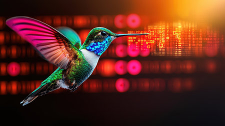 Vibrant Hummingbird in Flight Showcasing Brilliant Colors and Ethereal Background with Abstract Light Patterns and Motion Blur Effectsの素材
