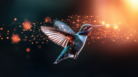 Hummingbird in Flight with Digital Visual Effects and Sparkling Lights Creating a Magical and Enchanting Atmosphere in Natureの素材