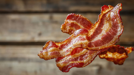 Crispy and Delicious Bacon Strips on Wooden Background, Perfect for Breakfast, Cooking, or Food Photography in Cafes and Restaurantsの素材