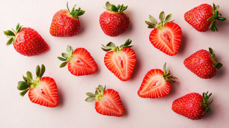 Fresh and Juicy Strawberries Cut in Half on White Background, Perfect for Summer Desserts, Healthy Recipes, and Gastronomic Presentationsの素材