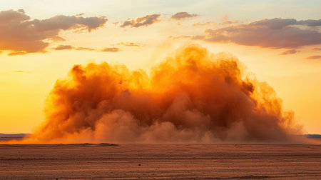 Dramatic Dust Cloud Erupts in Golden Sunset Over Desert Landscape, Capturing Nature's Power and Beauty in an Exquisite Display of Vibrant Colorsの素材