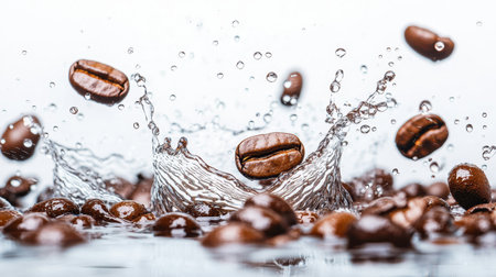 Splash of Water with Coffee Beans Creating Ripples in a Pool of Water, Capturing the Essence of Freshness and Aroma in a Vibrant Settingの素材