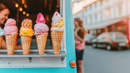 Colorful Ice Cream Cones in Front of a Vintage Ice Cream Truck at Sunset with People Enjoying Summer Treats in a Charming Urban Settingの素材