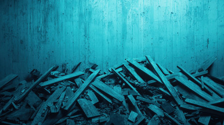 Blue Toned Abandoned Space with Pile of Wooden Debris in a Dimly Lit Room Creating a Mysterious and Urban Atmosphere Rich in Texture and Depthの素材