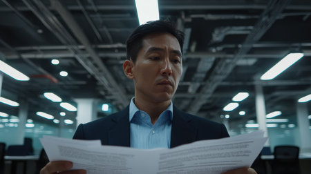 Businessman in Dark Office Analyzing Documents with Concern on His Face While Holding Sheets of Paper in a Corporate Environmentの素材