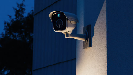 Security Camera at Night, Modern Surveillance Technology on Building Wall with Motion Sensor Light and Outdoor Facility Illuminationの素材