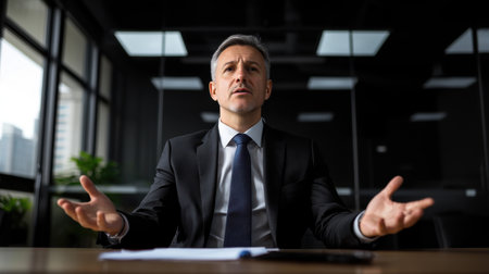 Businessman in Suit Expressing Frustration in Modern Office Setting During Meeting with Confident Gestures and Serious Facial Expressionの素材
