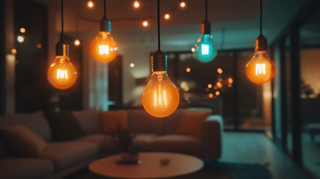 Cozy Indoor Space with Colorful Hanging Light Bulbs Creating Warm Atmosphere and Modern Design Aesthetic in Relaxing Living Room Settingの素材