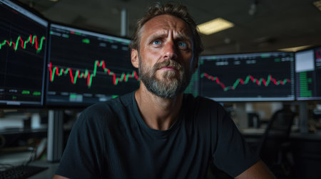 Intense trader focused on stock market analysis surrounded by multiple digital monitors displaying financial graphs and data in a modern office environmentの素材