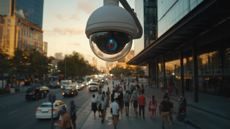 Urban Surveillance Camera Overlooking Bustling City Street with Busy Pedestrians and Traffic in the Evening Lightの素材