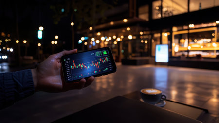 Nighttime city scene showing hand holding smartphone displaying stock market data with coffee on table, illuminated buildings and street lights in backgroundの素材