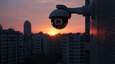 Surveillance Camera Overlooking Urban Landscape at Sunset with Vibrant Colors and Modern Architecture in Backgroundの素材