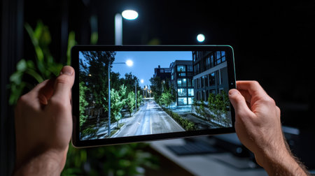 Hands Holding a Tablet Displaying a Nighttime Urban Scene with Trees and Buildings Against a Dark Sky in a Modern Interior Settingの素材