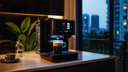 Modern coffee machine brewing espresso in stylish kitchen at dusk with urban skyline view creating cozy and inviting coffee atmosphereの素材