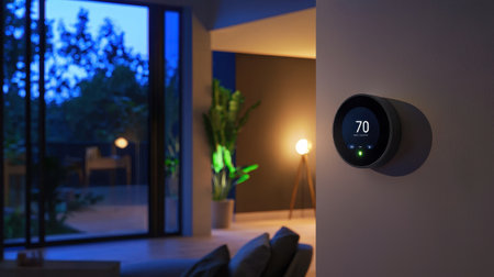 Modern Smart Thermostat Displaying Temperature of 70 Degrees in a Cozy Contemporary Living Space During Evening with Stylish furnishings and Ambient Lightingの素材