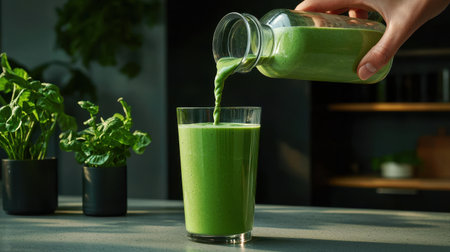 Fresh Green Smoothie Being Poured into a Glass Surrounded by Potted Plants in a Bright Kitchen Setting with Natural Lightの素材