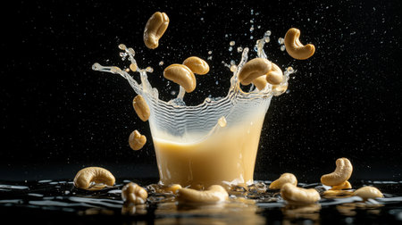 Splash of Cashew Milk with Cashews Creating Dynamic Scene on Dark Background Captured in High-Resolution for Culinary and Beverage Useの素材