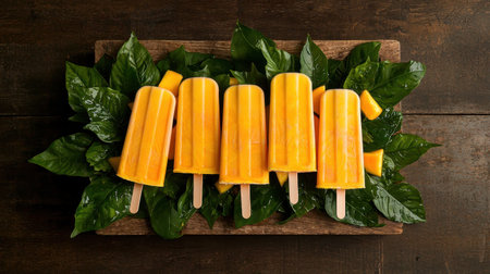 Refreshing Mango Popsicles Arranged Neatly on Green Leaves with Wooden Background for Summer Treats and Delicious Desserts Ideasの素材