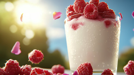 Fresh Raspberry Yogurt Dessert with Garnish and Sunlit Background Creating a Vibrant and Inviting Atmosphere for Healthy Eatingの素材