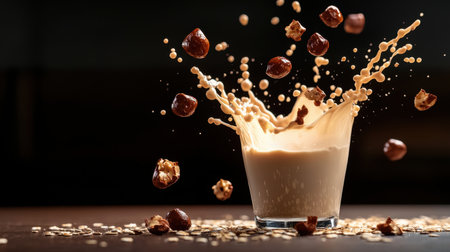 Splash of Milk with Oats and Nuts Captured in Motion Creating a Stunning Visual Delight in a Glass on Dark Backgroundの素材