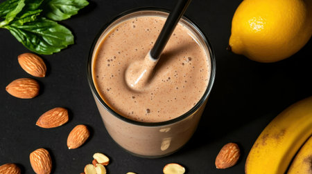 Fresh and Creamy Smoothie with Banana, Almonds, Lemon, and Basil Leaves on Dark Background for Healthy Beverage Conceptの素材