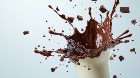 Dynamic Chocolate Splash with Milk and Chocolate Chunks Creating an Artistic Display on a Light Background for Culinary and Beverage Themesの素材