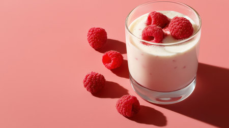 Creamy yogurt dessert with fresh raspberries on a pastel pink background, showcasing a vibrant healthy snack with rich color and textureの素材