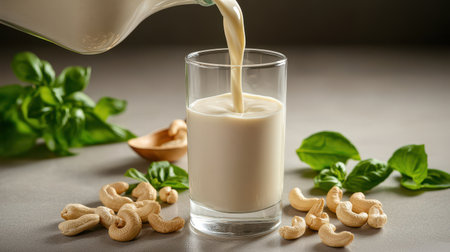 Fresh Cashew Milk Pouring into Glass Surrounded by Fresh Basil Leaves and Cashew Nuts on Light Background for Healthy Lifestyle and Plant-Based Dietの素材