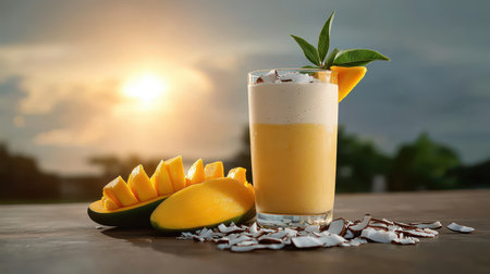 Refreshing Mango Coconut Smoothie in Glass with Slices of Fresh Mango and Coconut Flakes Against a Beautiful Sunset Backgroundの素材