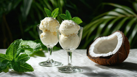 Creamy coconut ice cream scoops served in elegant glasses garnished with fresh mint leaves and accompanied by a halved coconut shell on a textured tableの素材