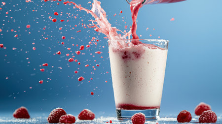 Fresh Raspberry Smoothie with Splash of Color in Motion Against Blue Background, Refreshing Drink Concept for Healthy Lifestyle Promotionの素材