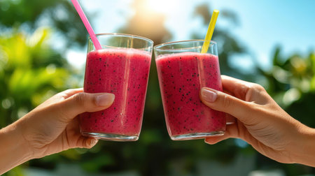 Refreshing Smoothie Toast with Bright Colorful Drinks in Hand Under the Sunlight Surrounded by Lush Green Plants and a Clear Blue Skyの素材