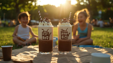 Freshly served summer beverages in clear glasses with whipped cream and chocolate on green grass with children enjoying sunny day in the backgroundの素材