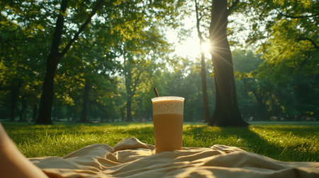 Refreshing Cold Beverage on a Sunny Day in a Serene Park Setting Surrounded by Lush Green Trees and Bright Sunlightの素材