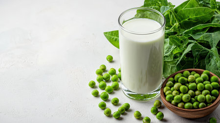 Fresh green peas and spinach with a glass of creamy milk and leafy greens arranged on a light background for healthy cooking and nutrition conceptsの素材