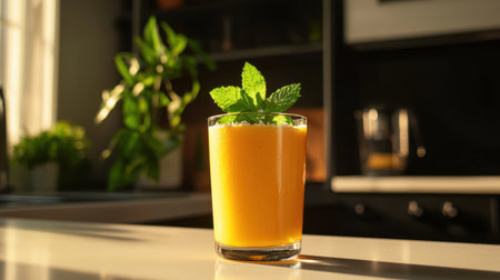 Refreshing Orange Smoothie with Mint Garnish in Sunlit Kitchen Setting Designed for Healthy Lifestyle and Delicious Drink Enthusiastsの素材