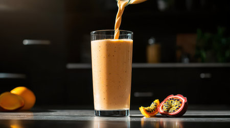 Refreshing Mango Passion Fruit Smoothie in a Tall Glass with Dynamic Pour against a Dark Background for Summer Vibes and Healthy Livingの素材