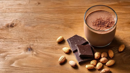 Creamy chocolate drink in a glass with chocolate squares and almonds on a wooden table, perfect for dessert lovers and chocolate enthusiastsの素材