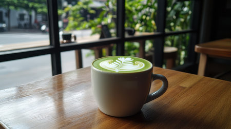 Creamy matcha coffee in white cup with latte art on wooden table and natural light streaming through cafe window in urban settingの素材