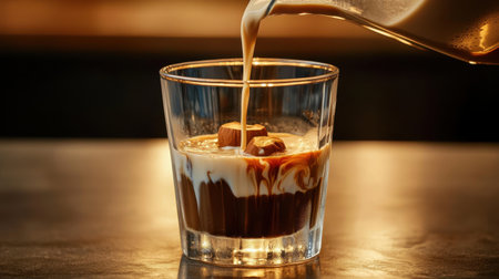 Rich and Creamy Coffee Drink Being Poured into a Short Glass with Ice Cubes and Swirls of Milk and Coffee Mixture in a Cozy Settingの素材