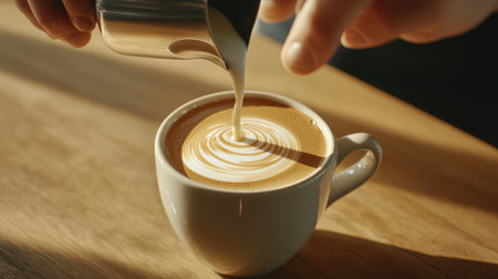 Barista pouring steamed milk into a cup creating intricate latte art in a cozy cafe setting with soft golden sunlight illuminating the sceneの素材