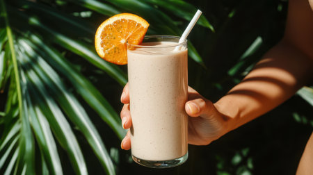 Refreshing fruit smoothie served in glass with orange slice and straw against lush tropical background, perfect for summer health and wellness themesの素材