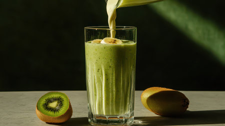 Refreshing Green Smoothie with Bananas and Kiwi, Healthy Drink in Clear Glass, Vibrant Fruit and Smooth Texture for Wellness and Nutrition Themesの素材