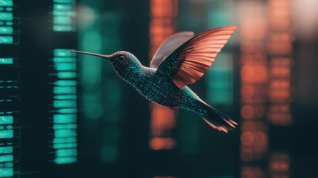 Futuristic Hummingbird in Flight with Digital Background Featuring Data Streams and Vibrant Colors for Technology and Nature Conceptsの素材