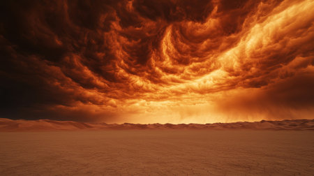 Dramatic Sky Over Desert Landscape with Intense Clouds and Warm Tones at Sunset with Sandy Terrain and Distant Mountains in the Backgroundの素材
