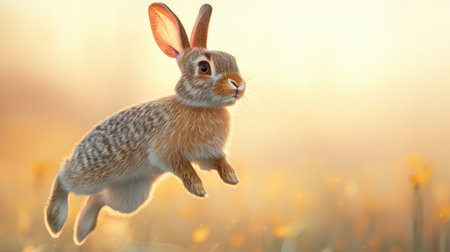 Playful rabbit leaping gracefully over vibrant wildflowers in a serene golden hour landscape, capturing a moment of joy in nature's beautyの素材