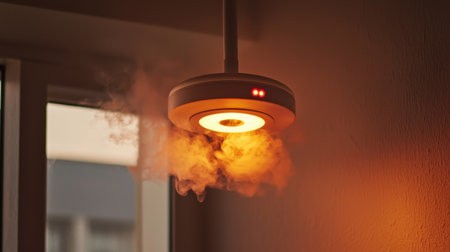 Modern ceiling lamp emitting warm glow with steam effect in cozy indoor setting creating an inviting atmosphere for relaxation and comfortの素材