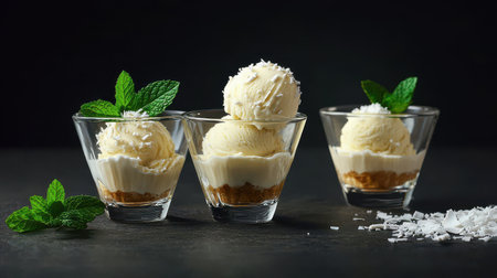 Exquisite dessert presentation with creamy vanilla ice cream, coconut shavings, fresh mint leaves, and crunchy graham cracker crust in elegant glass cupsの素材